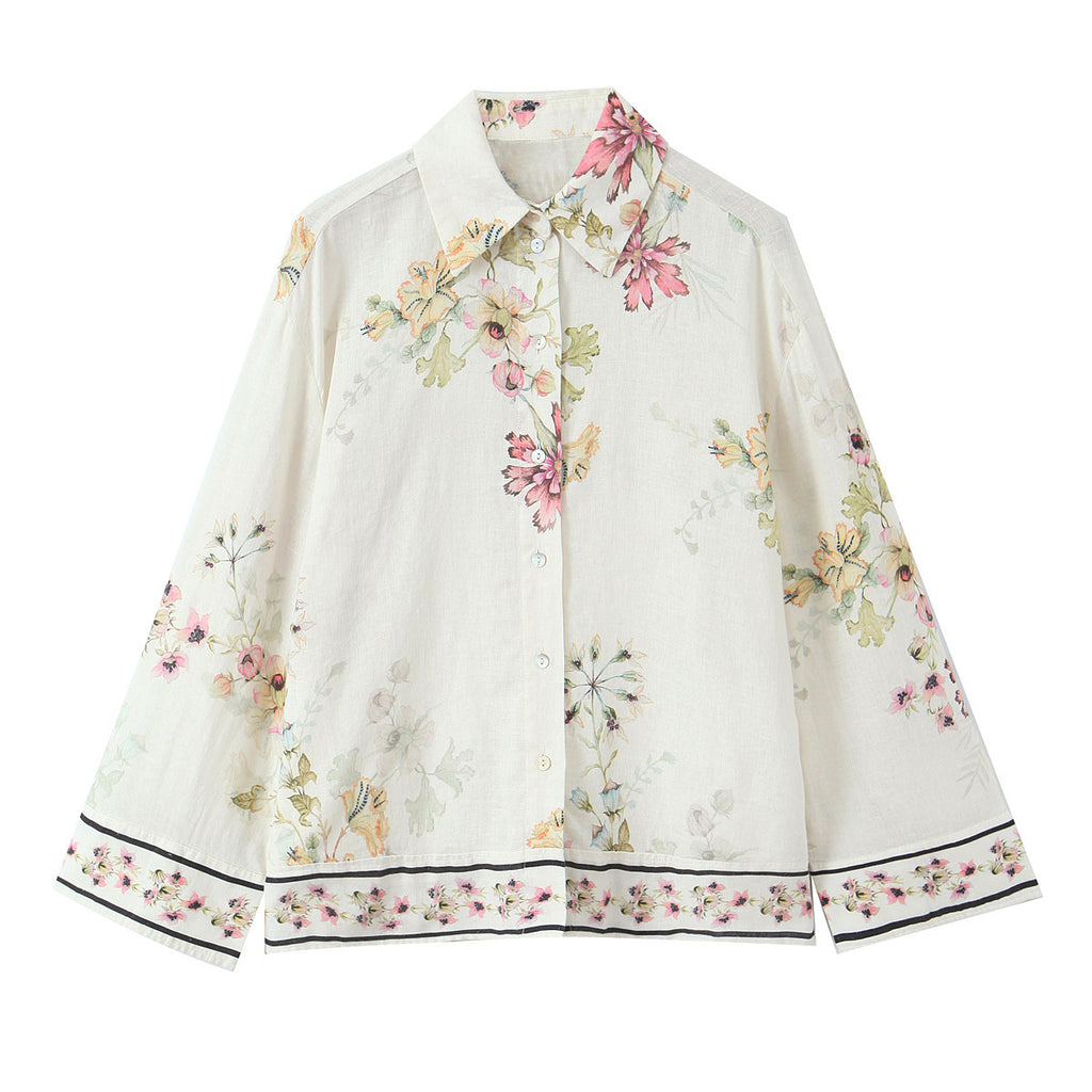 Women's loose-fitting floral button-down blouse with border print Fashion Glam