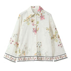 Women's loose-fitting floral button-down blouse with border print Fashion Glam