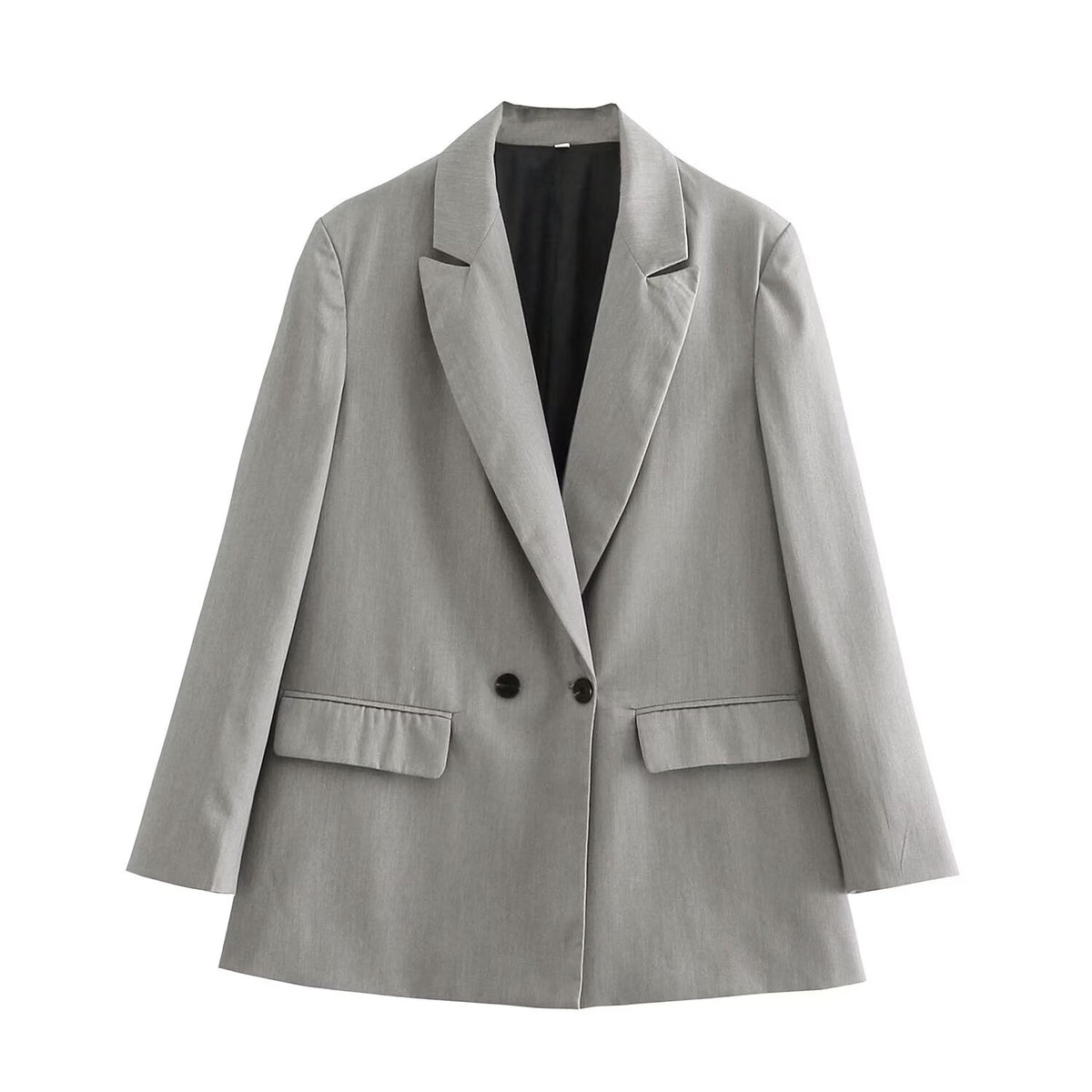 Ladies Double-Breasted Long Blazer with Wide Shawl Collar and Patch Pockets Fashion Glam