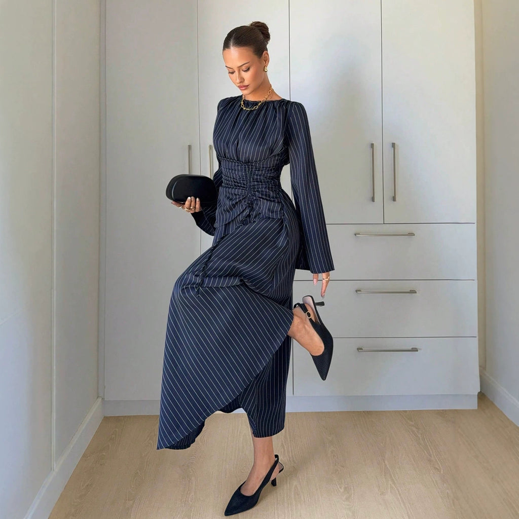 Ladies Max Dress with gathered waist lacing and bell sleeves Fashion Glam