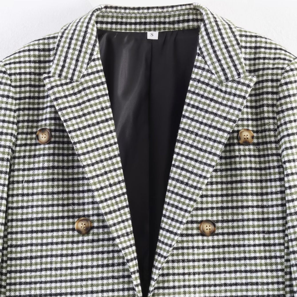 Women's double-breasted glencheck blazer with extended back and tailored silhouette Fashion Glam