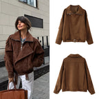Women’s Oversized Faux Suede Aviator Jacket with Waist Belt, Epaulettes, and Stand-Up Collar Fashion Glam