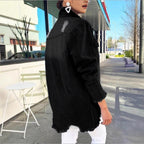 Ladies Longline Denim Jacket with Destroyed Details and Fringed Hem Fashion Glam