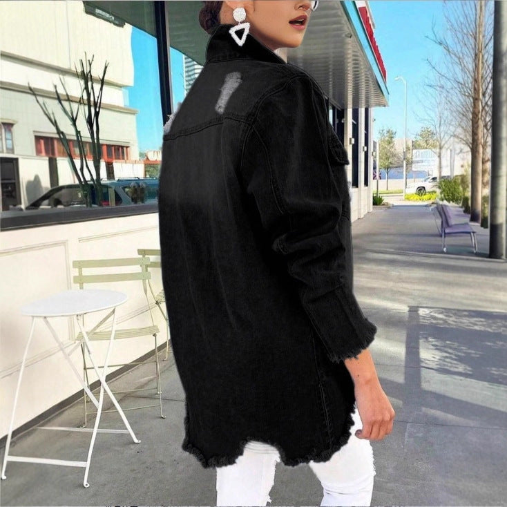 Ladies Longline Denim Jacket with Destroyed Details and Fringed Hem Fashion Glam