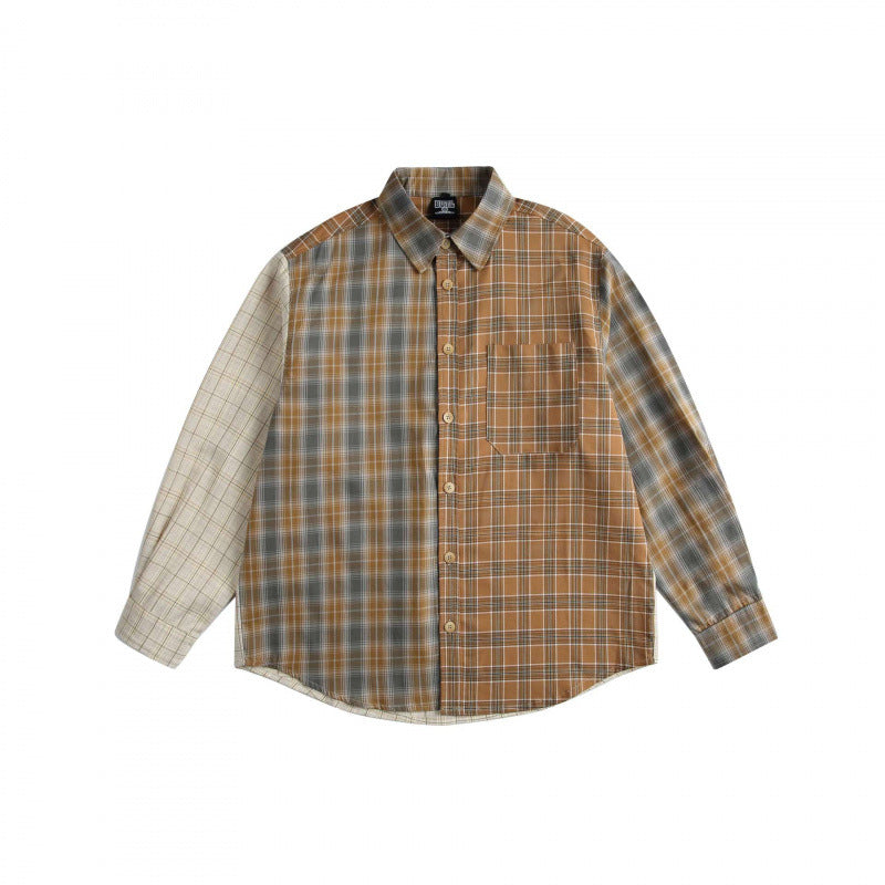Men's Patchwork Checkered Cotton Flannel Shirt in Oversized Fit with Chest Pocket Fashion Glam