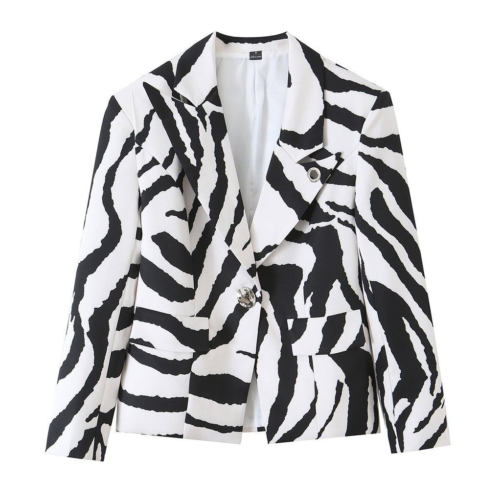 Women’s Statement Zebra Blazer with Lapel Collar and Tailored Silhouette Fashion Glam