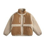 Unisex Boxy padded stand-up collar jacket with contrast panels, vertical chest zippers, and large flap pockets Fashion Glam
