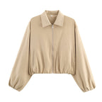 Women Polka Dot Cropped Bomber Jacket in Retro Look with Shirt Collar and Elastic Hem Fashion Glam