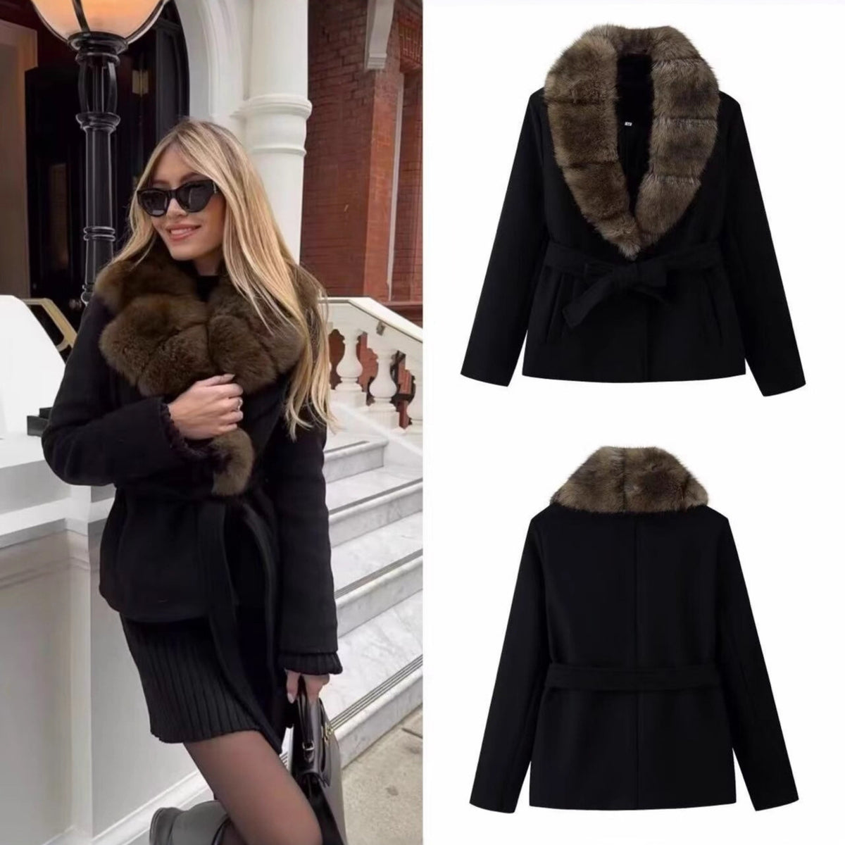 Women's Short Wool Blend Coat with Removable Faux Fur Shawl Collar and Waist Belt Fashion Glam