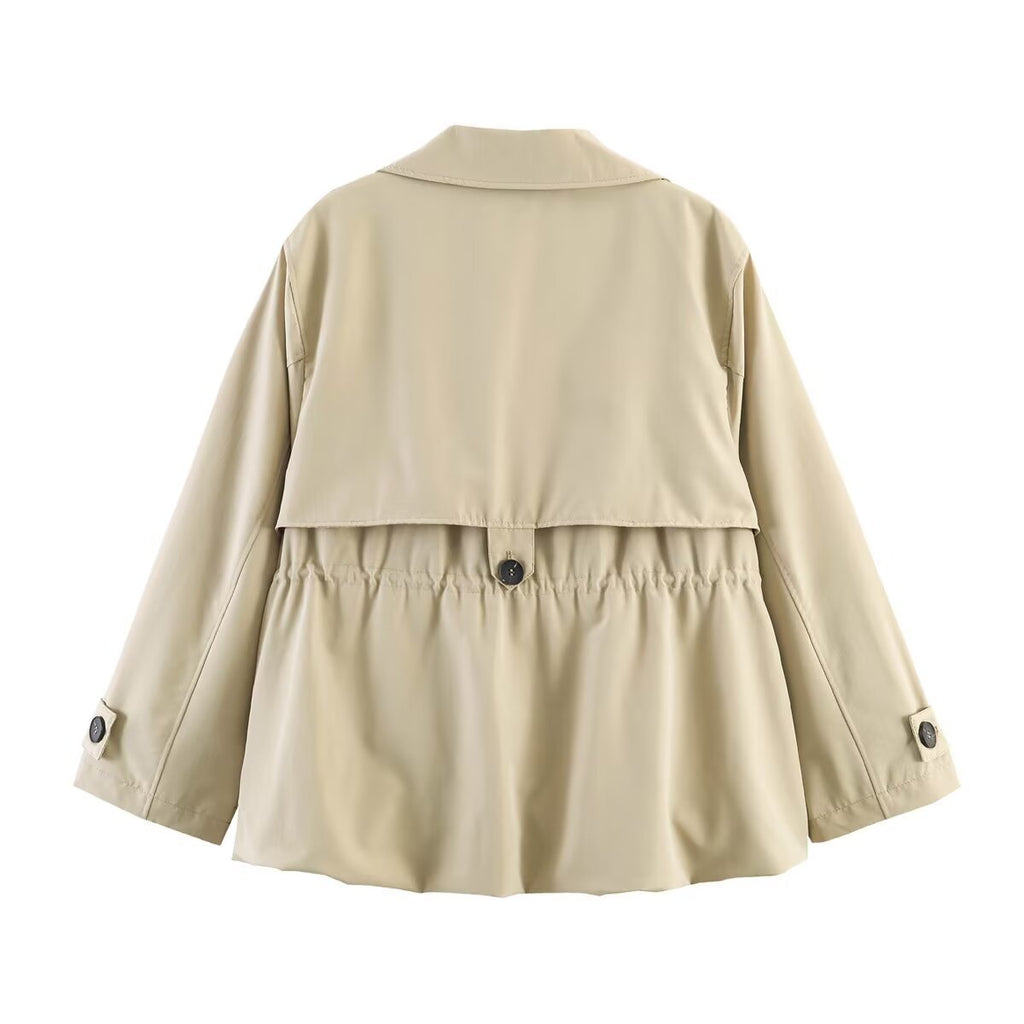 Women's short trench-style jacket with drawstring waist and check lining Fashion Glam