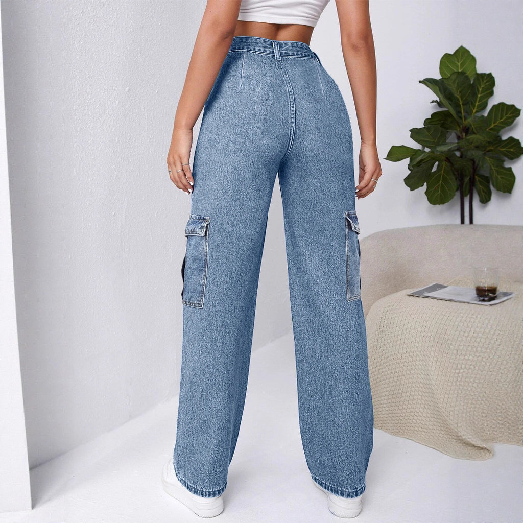 Women High-Waisted Cargo Wide Jeans with Patch Pockets and Elastic Hem Fashion Glam