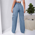 Women High-Waisted Cargo Wide Jeans with Patch Pockets and Elastic Hem Fashion Glam