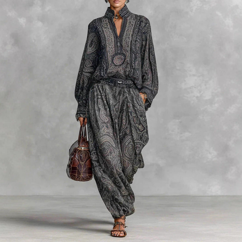 Women Flowing Boho Two-Piece Set with Loose Tunic and Harem Pants in Paisley Design Fashion Glam