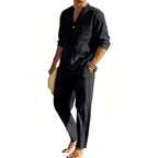 Men's comfortable linen two-piece with stand-up collar shirt and tapered ankle-length pants Fashion Glam
