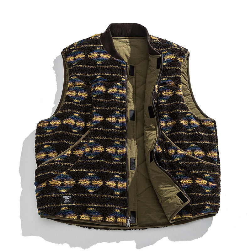 Unisex Reversible Quilted Vest with Jacquard Fleece and Patch Pockets Fashion Glam