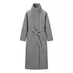 Women's Tailored Wool Blend Coat with Tie Belt and Large Lapel Collar Fashion Glam