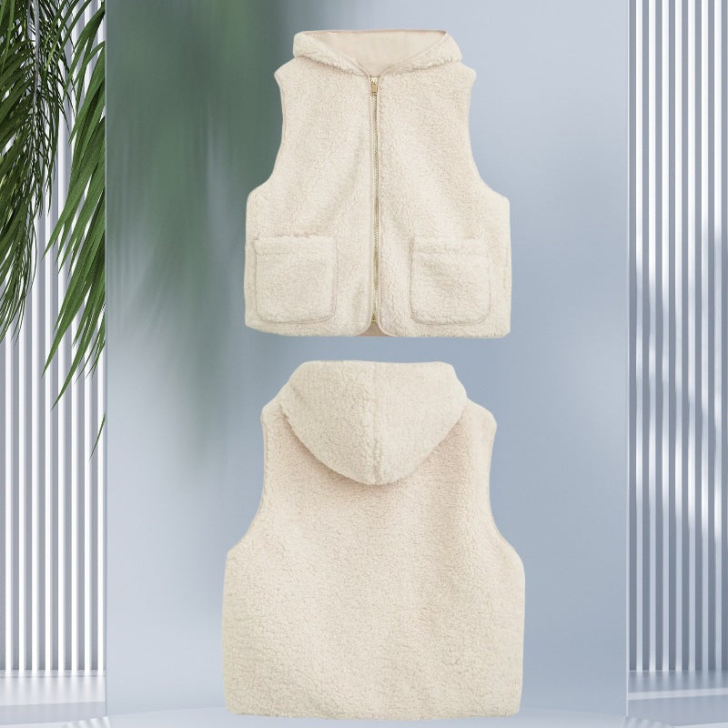 Women Padded Sherpa Vest with Hood, Zipper and Patch Pockets Fashion Glam