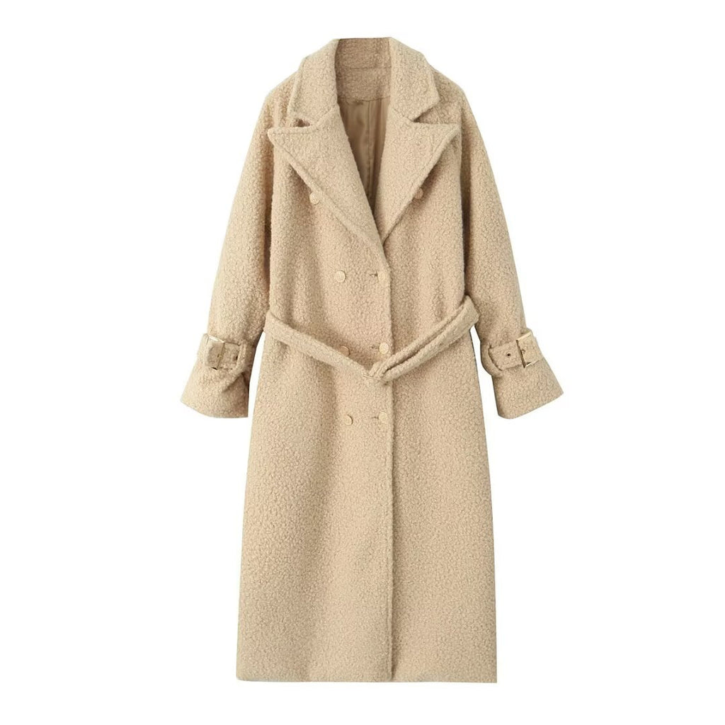 Women Long Teddy Coat in Trench Style with Double-Breasted Button Placket, Tied Belt, and Adjustable Cuffs Fashion Glam