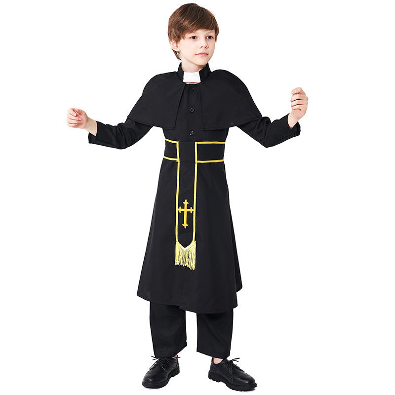 Men's Priest Costume with Cape and Golden Accessories Fashion Glam