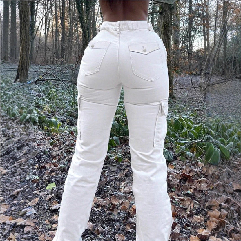 Women’s high-waisted cargo jeans with flared hem and functional flap pockets Fashion Glam