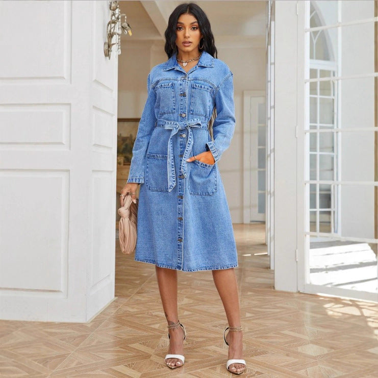 Ladies' midi dress made of denim with a waist belt and continuous button placket Fashion Glam