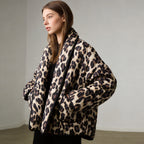 Women’s oversized quilted puffer jacket with leopard pattern and wide shawl collar Fashion Glam