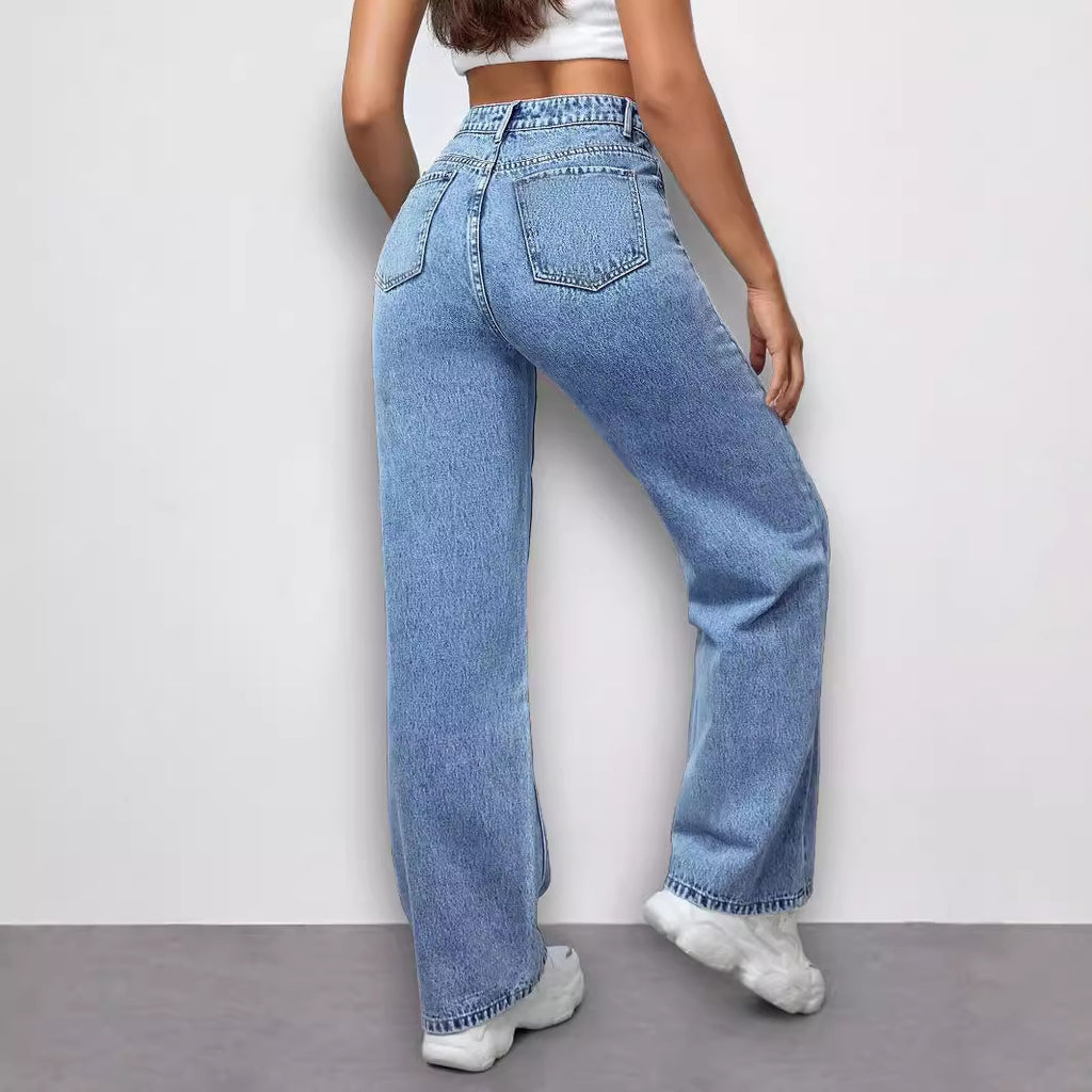Ladies High-Waist Loose-Fit Denim Pants with Side Butterfly Print Fashion Glam