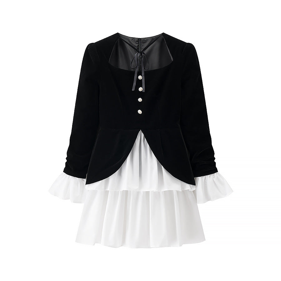 Women’s velvet dress with fitted bodice, puff sleeves, and layered ruffle skirt Fashion Glam