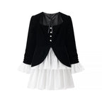 Women’s velvet dress with fitted bodice, puff sleeves, and layered ruffle skirt Fashion Glam