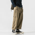 Men's loose cotton cargo pants in baggy cut with multifunctional pockets and rolled hem Fashion Glam