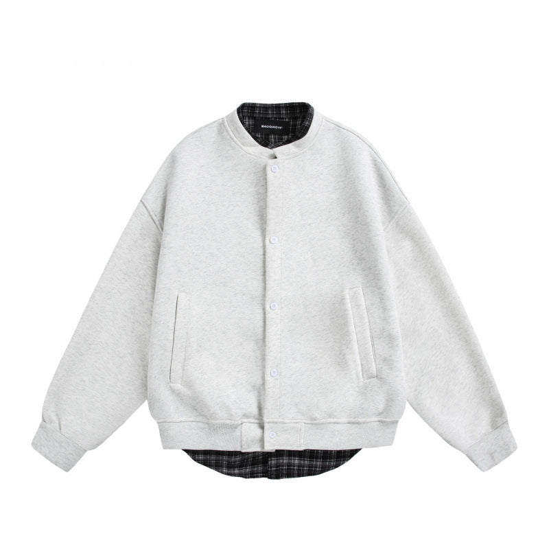 Men's Oversized College-Style Sweat Jacket with Concealed Snap Button Placket and Checked Lining Fashion Glam