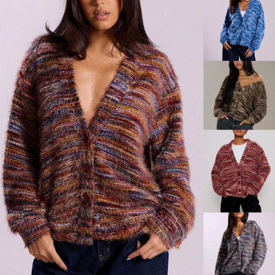 Women's Fluffy Chunky Knit Cardigan with V-Neck Fashion Glam