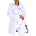 Ladies Longline Denim Jacket with Destroyed Details and Fringed Hem Fashion Glam