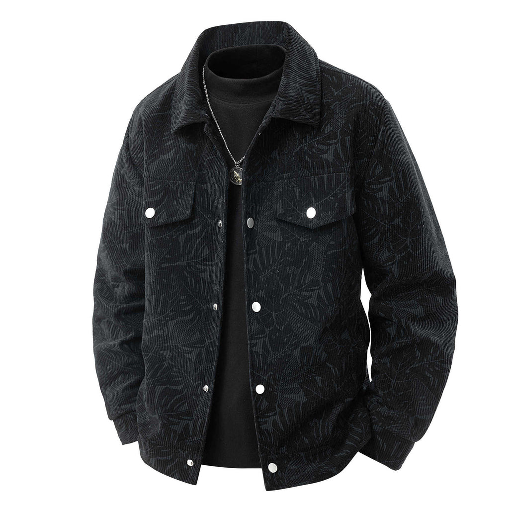 Men's cord jacket in trucker style with tonal leaf pattern, snap-button front and flap pockets Fashion Glam