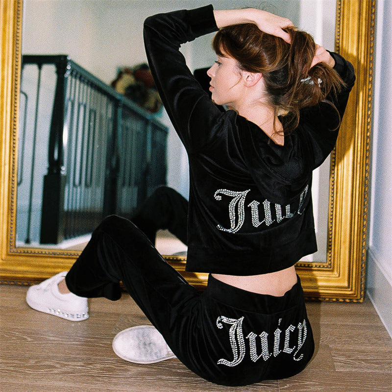 Women's luxurious velvet tracksuit with glitter accents and elastic waistband Fashion Glam