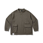 Unisex Oversize Waffle Knit Henley Sweatshirt with Stand-Up Collar, Snap Placket and Utility Pockets Fashion Glam