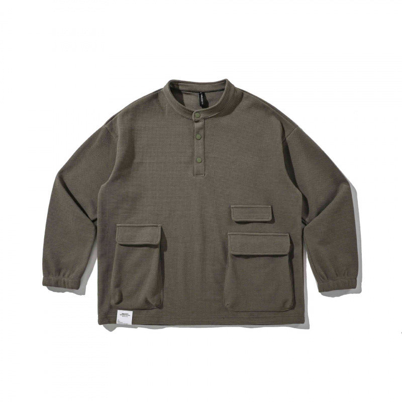 Unisex Oversize Waffle Knit Henley Sweatshirt with Stand-Up Collar, Snap Placket and Utility Pockets Fashion Glam