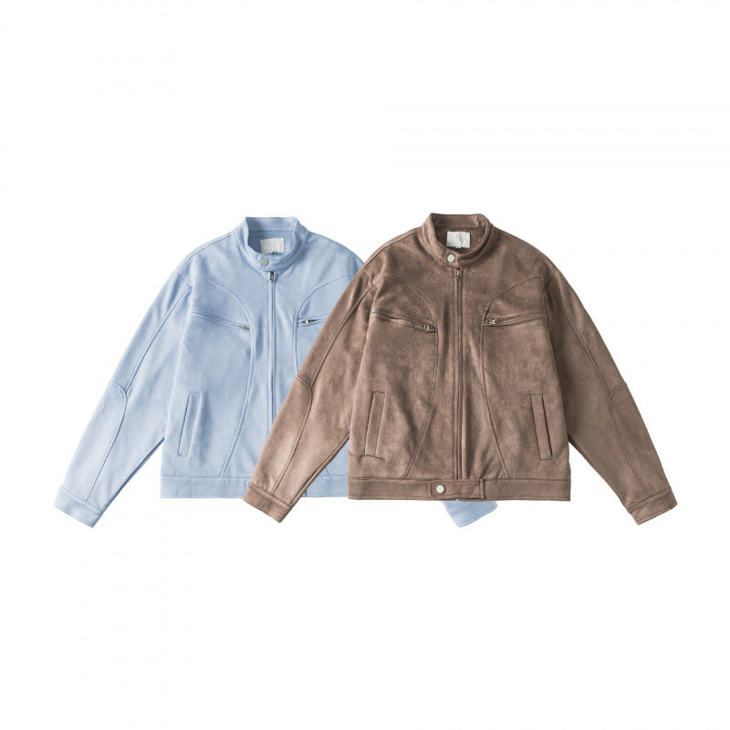 Unisex Short-cut boxy velour blouson jacket with stand-up collar and chest zippers Fashion Glam
