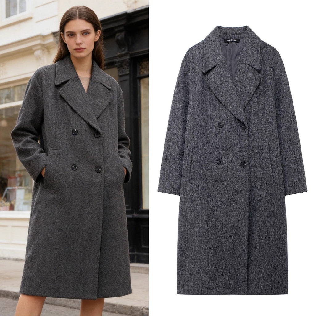 Women's Double-Breasted Wool Blend Coat with Oversized Cut and Lapel Collar Fashion Glam