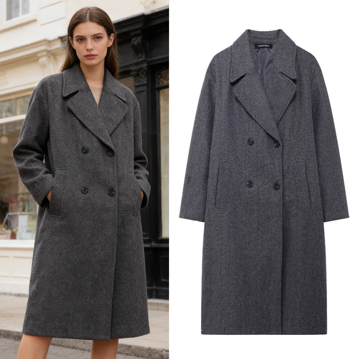 Women's Double-Breasted Wool Blend Coat with Oversized Cut and Lapel Collar Fashion Glam
