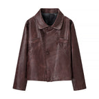 Women's Oversize Faux Leather Bomber Jacket with Round Collar and Distinctive Seam Details Fashion Glam
