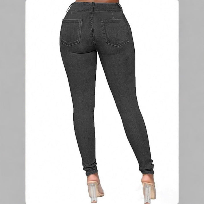 Ladies' Waist-Accentuated High-Waist Sculpting Skinny Jeans with Double Button Waist Fashion Glam