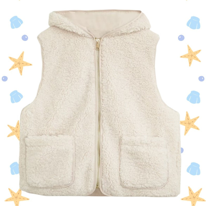 Women Padded Sherpa Vest with Hood, Zipper and Patch Pockets Fashion Glam