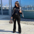 Ladies High-Cut Flared Jeans with Eye-Catching Horizontal Rips and Sculpting Cut Fashion Glam