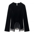 Women’s velvet blouse with lace trim and curved slit neckline Fashion Glam