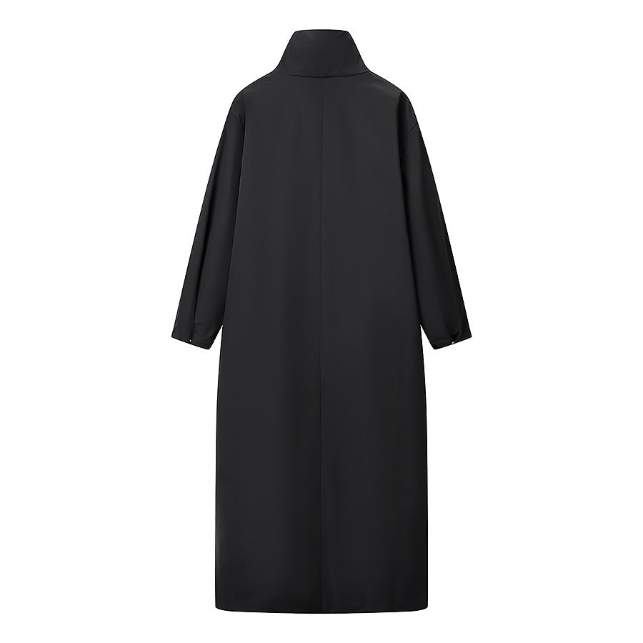 Women's Longer Minimalist Coat with High Stand-Up Collar and Concealed Front Fashion Glam