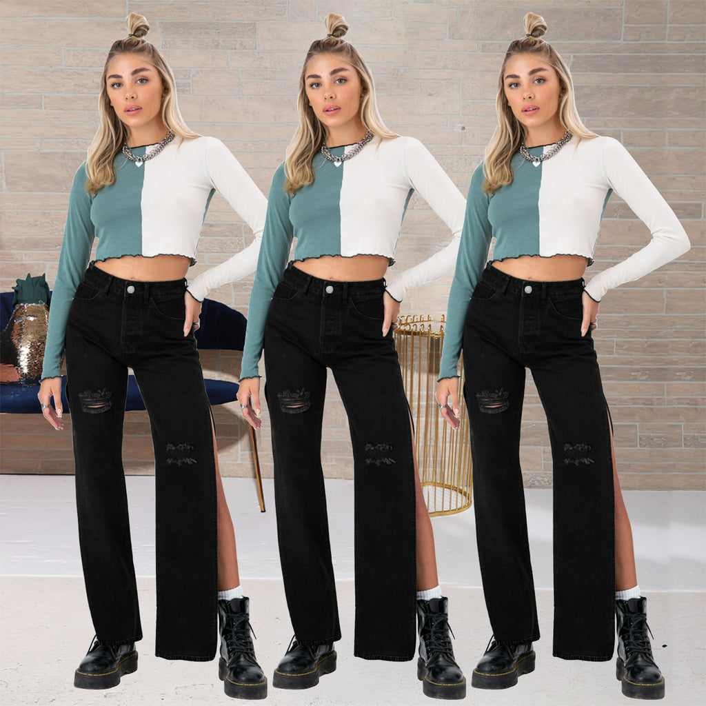 Ladies high-cut straight jeans with side leg slit and subtle rips Fashion Glam