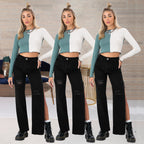 Ladies high-cut straight jeans with side leg slit and subtle rips Fashion Glam
