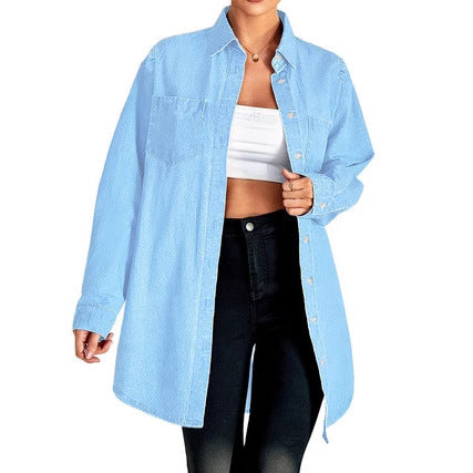 Women Oversized Denim Shirt Jacket with Patch Pockets and Casual Longline Fit Fashion Glam