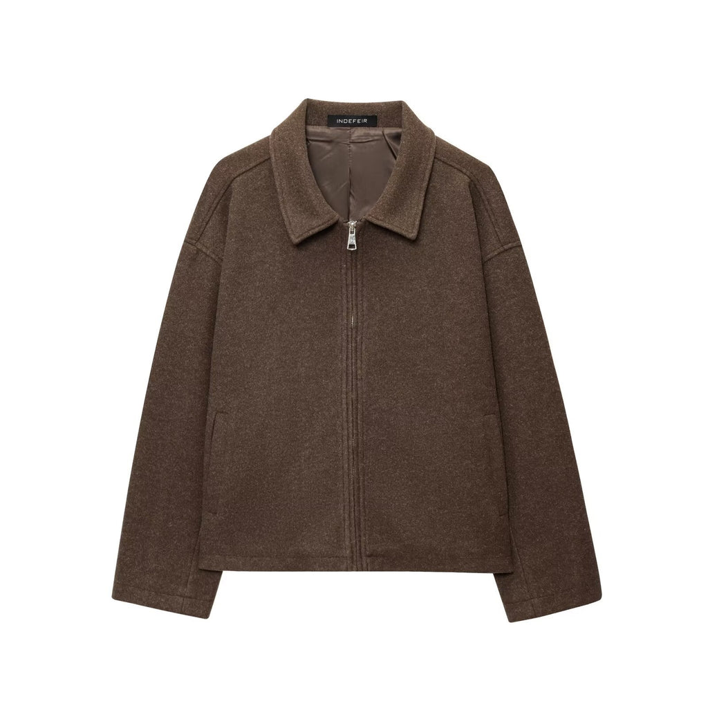 Women Boxy Wool Blend Blouson Jacket with Zipper and Shirt Collar Fashion Glam